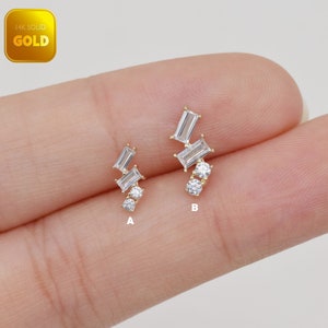 14k Solid Gold Baguette Cut Tiny Climber Threadless Earring dainty Stud Earrings Helix Conch Earring Tragus Jewelry Flat Back earring 20g