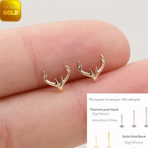 14k Solid Gold Antler Stud Earring Deer Horn Earrings Gold Cartilage Earring Conch Tragus Jewelry Gold Helix Stud Flat Back Earring 20g