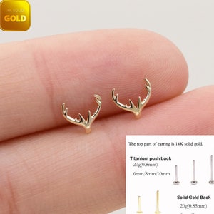 14k Solid Gold Antler Stud Earring Deer Horn Earrings Gold Cartilage Earring Conch Tragus Jewelry Gold Helix Stud Flat Back Earring 20g