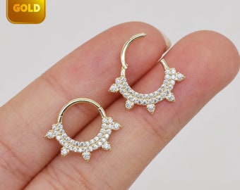 14k Solid Gold CZ Diamond Sunshine Hoop Earring Piercing Gold Nose Septum Ring Cartilage Daith Helix Tragus Conch Piercing Jewelry 16g