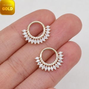 14K Solid Gold Dainty Marquise Septum Hoop Clicker Helix Piercing Daith Piercing Helix Tragus Conch Hoop Ring Gold Nose Ring Gift for Her