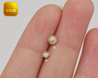 14k Solid Gold Sun Cartilage Earring Dainty Conch Earring Sun Helix Stud Tragus Earring Tiny Stud Earrings Threadless Flat Back Earring 20g