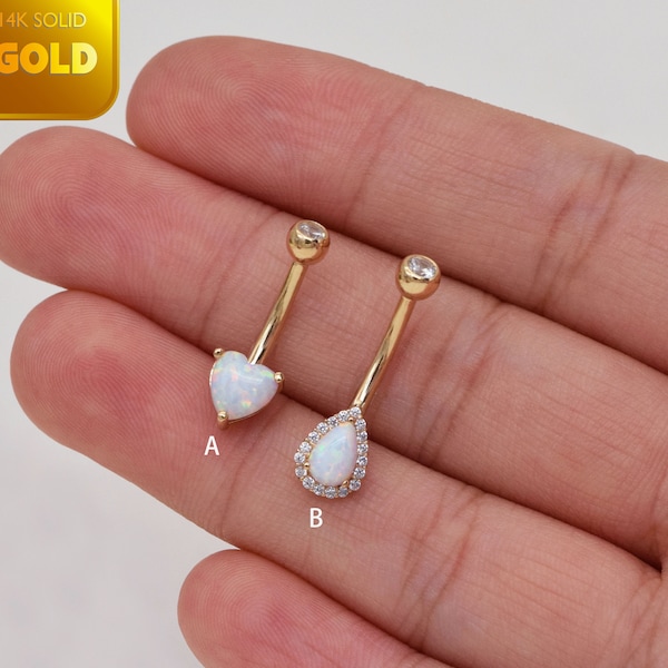 14k Solid Gold Heart Opal Belly Button Ring Opal Navel Piercing Pear Shape Belly Button Gold Threaded Barbell Piercing Opal Belly Ring 14g