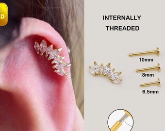 14k Solid Gold  Internally Threaded Stud Earring Marquise Climber Cartilage Piercing Tragus Helix Conch Earring Screw Flat Back Earring 18g