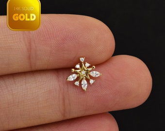 14k Solid Gold Elsa Snowflake Cartilage Stud Earrings Marquise Stud Dainty Conch Earrings Helix Earring Piercing Push In Back 20g
