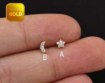 14k Solid Gold Star Stud Earring Dainty Moon Cartilage Stud Star Helix Stud Earrings Conch Moon Flat Back Studs Earrings Gift For Her 20g