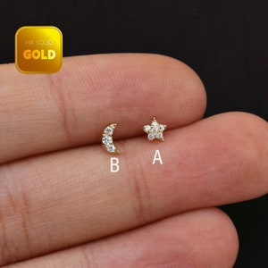 14k Solid Gold Star Stud Earring Dainty Moon Cartilage Stud Star Helix Stud Earrings Conch Moon Flat Back Studs Earrings Gift For Her 20g
