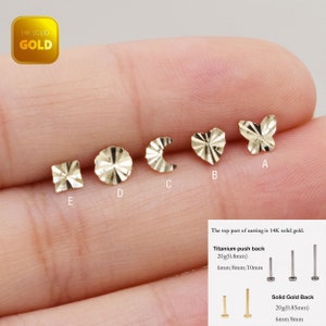 14K Solid Gold Diamond Cut Threadless Stud Earring Tiny Disc Earring Butterfly Helix Stud Moon Conch Tragus Earring Heart Cartilage Earring