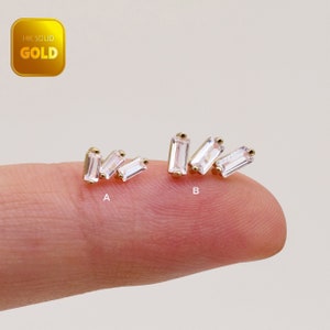 14k Solid Gold Baguette Cut Climber Stud Earring Dainty Cartilage Earring Helix Piercing Tragus Conch Earring Flat Back Earring 20g