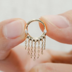 Catena in oro massiccio 14k con frange, cartilagine, cerchio, clicker, pendente, elica, con cerniera, clicker, delicato, boho, pendente, piercing al setto, 16G, 8 mm