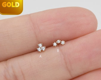 14k Solid Gold drie stenen kraakbeen piercing sierlijke Stud Earring Helix Tragus Conch Stud Push in Labret platte achterkant oorbel