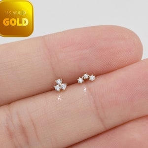 14k Solid Gold Three Stone Cartilage Piercing Dainty Stud Earring Helix Tragus Conch Stud Push in Labret Flat Back Earring
