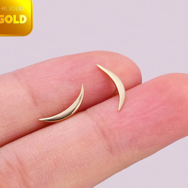 14k Solid Gold Curved Bar Stud Earring Moon Cartilage Earring Tragus Conch Stud Helix Piercing Threadless Push In Back Flat Back Earring 20g