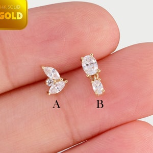 14K Solid Gold Dangle Oval Cartilage Earring Gold Helix Stud Conch Earring Tragus Piercing Threadless Push In Labret Flat Back Earring 20g