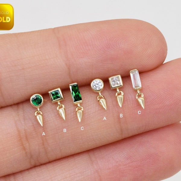 14k Solid Gold Tiny Spike Dangle Stud Earring Dainty Baguette Emerald Stud Earring Tragus Helix Conch Cartilage Stud Flat Back Earring 20g