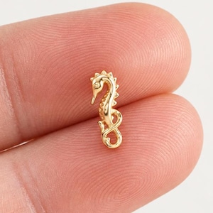 Könnte beinhalten: Ein kleiner, glänzender goldfarbener Seepferdchen-Anhänger mit einem detaillierten, geschwungenen Körper, einer strukturierten Rückenflosse und einem geringelten Schwanz. Das Metallstück hat eine polierte Oberfläche und ist vertikal ausgerichtet.