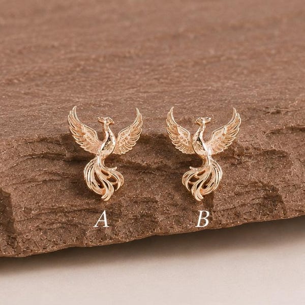 Tiny Creatures: 14K Solid Gold Phoenix Helix Stud Earring Dainty Mythical Bird Cartilage Earring Firebird Earlobe Piercing Jewelry Gift
