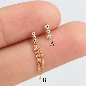 Pendiente de botón con cadena colgante de oro macizo de 14 k con puntos brillantes, diseño Trinity Dots, parte trasera plana, minimalista, para lóbulo de la oreja, hélice, cartílago, trago, apilable.