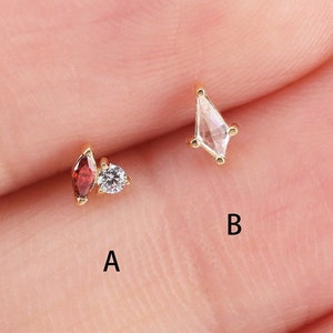 14k Solid Gold Kite Shape Stud Earring Dainty Two Stone Cartilage Piercing Helix Tragus Earring Conch Jewelry Labret Flat Push Back Earring