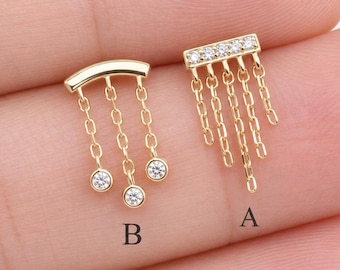14k Solid Gold Bar Drape Chain Earring Cartilage Chain Piercing Helix Chain Stud Minimalist Conch Dangle Chain Earring Flat Back Earring