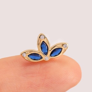 14k Solid Gold Tanzanite Lotus Stud Earring Flower Cartilage Stud Tragus Conch Stud Helix Piercing Threadless Push In Back Flat Back Earring