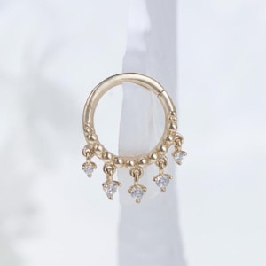 14k Solid Gold Dangle Fringe Septum Ring Elegant Beaded Dangle Cartilage Hoop Clicker Helix Hinged Clicker Rook Nose Lobe Hoop Earring 16g