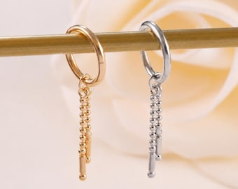 14K Solid Gold Chain Charm Tiny Beaded Earring White Gold Tiny Circle Chain Charm Bar Dangle Chain Charm Dangle Tragus Flat Back Earring