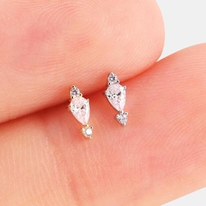 14k Solid Gold Trophies Stud Earring White Gold Pear Cartilage Earring Tragus Conch Stud Helix Piercing Threadless Flat Push Back Earring