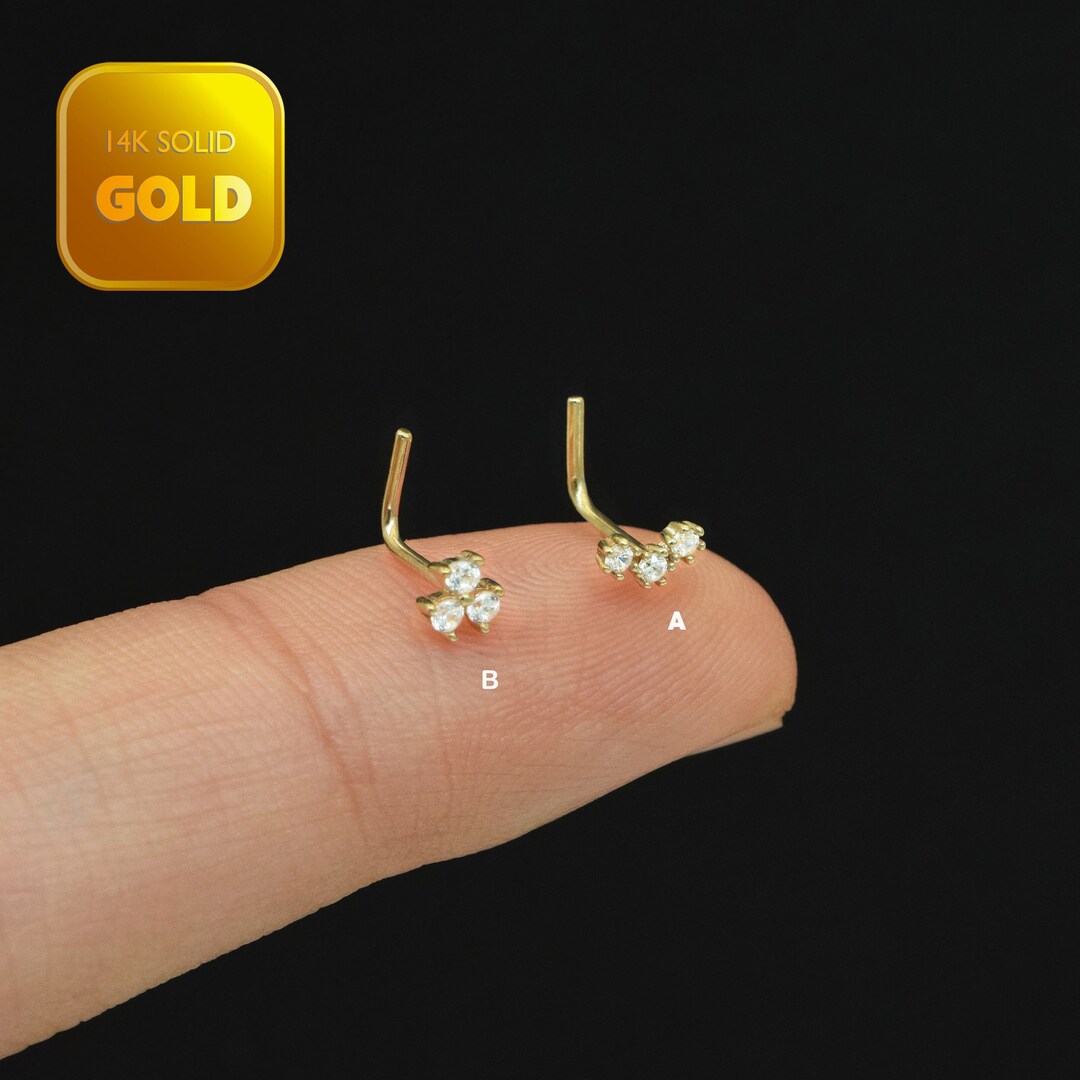 14k Solid Gold Three Stone Nose Stud Lshape Nose Stud Minimalist Nose