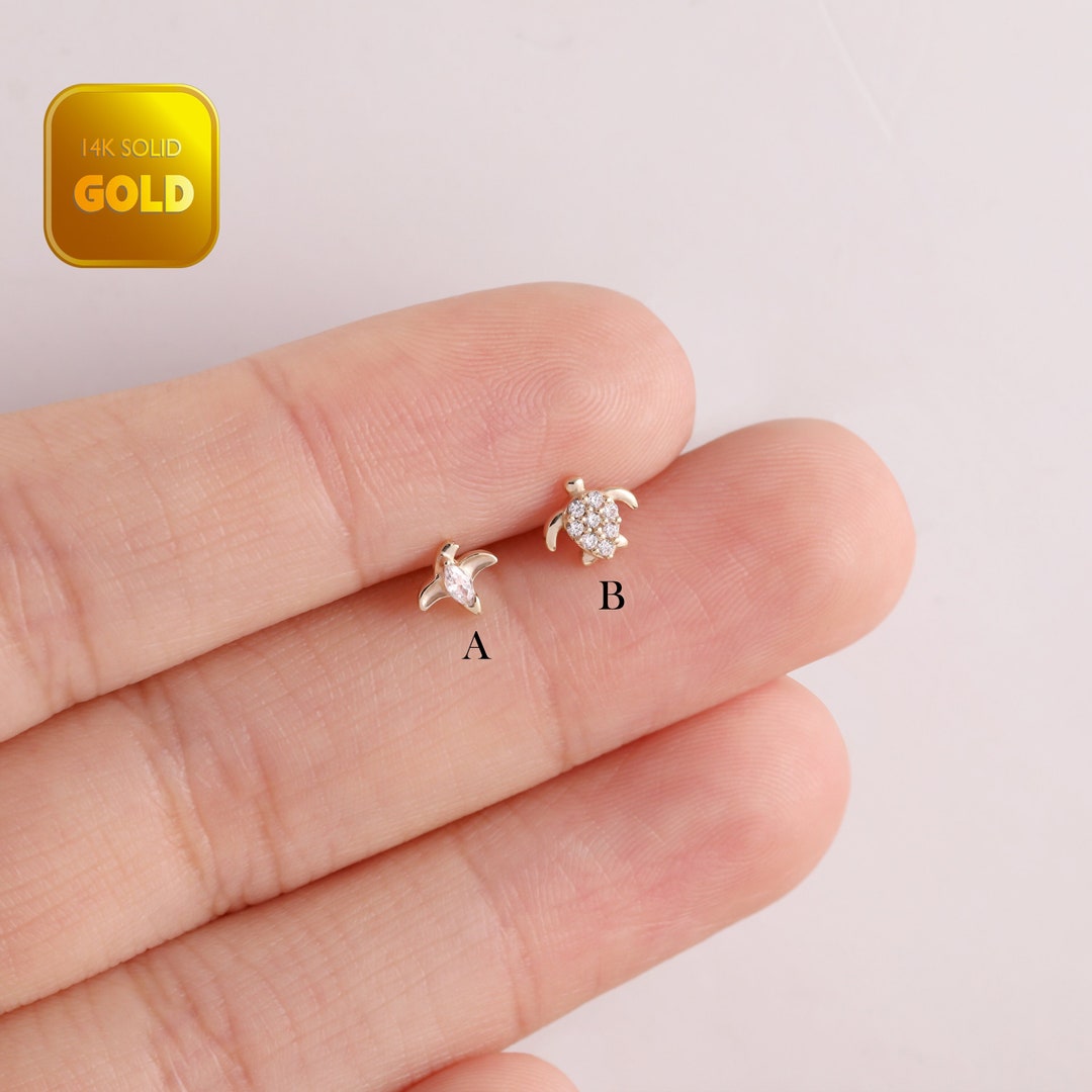 14K Solid Gold Turtle Labret Stud, Turtles Stud Earring, Threadless ...