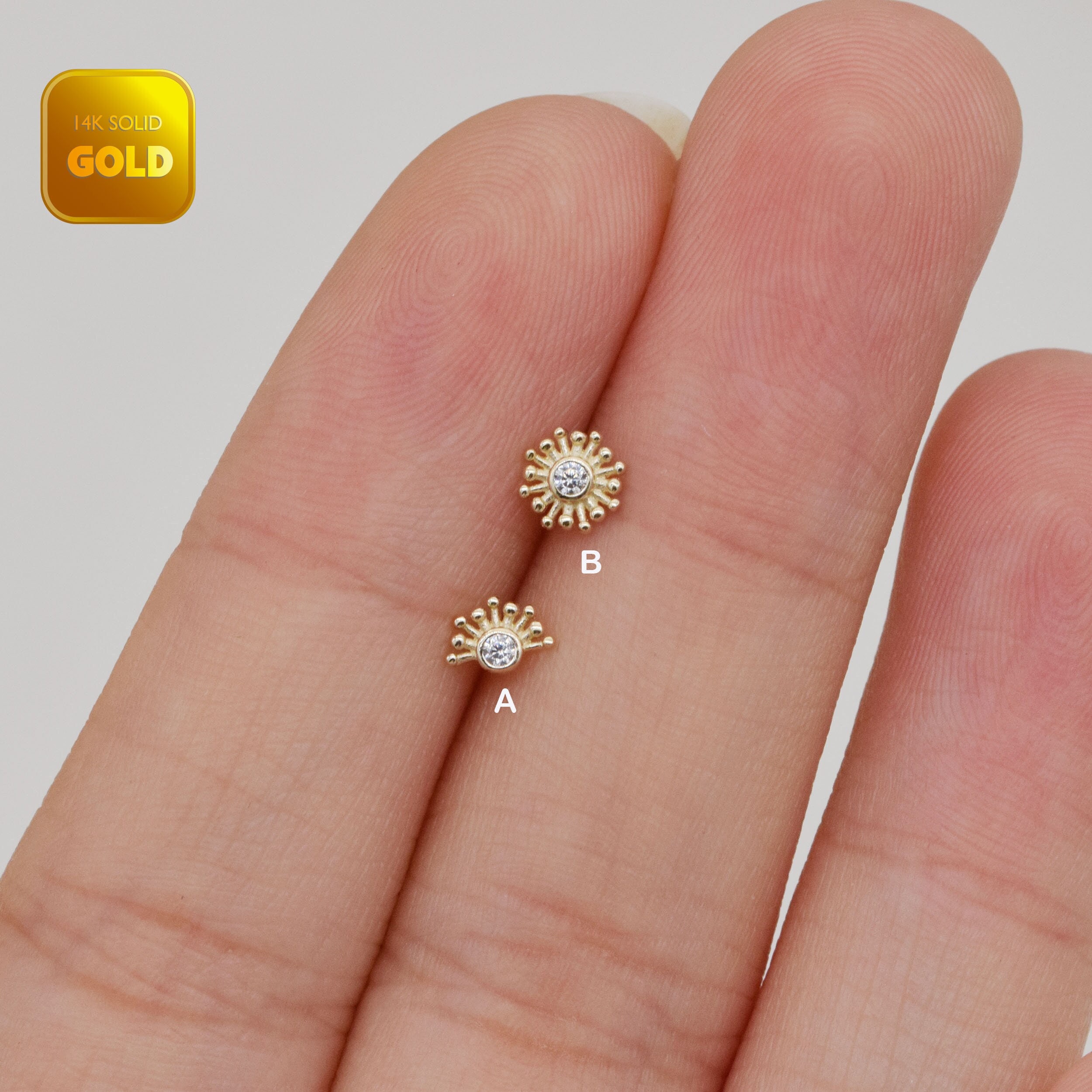 14k Solid Gold Sun Cartilage Earring Dainty Conch Earring Sun Helix Stud Tragus Earring Tiny Stud Earrings Threadless Flat Back Earring 20g