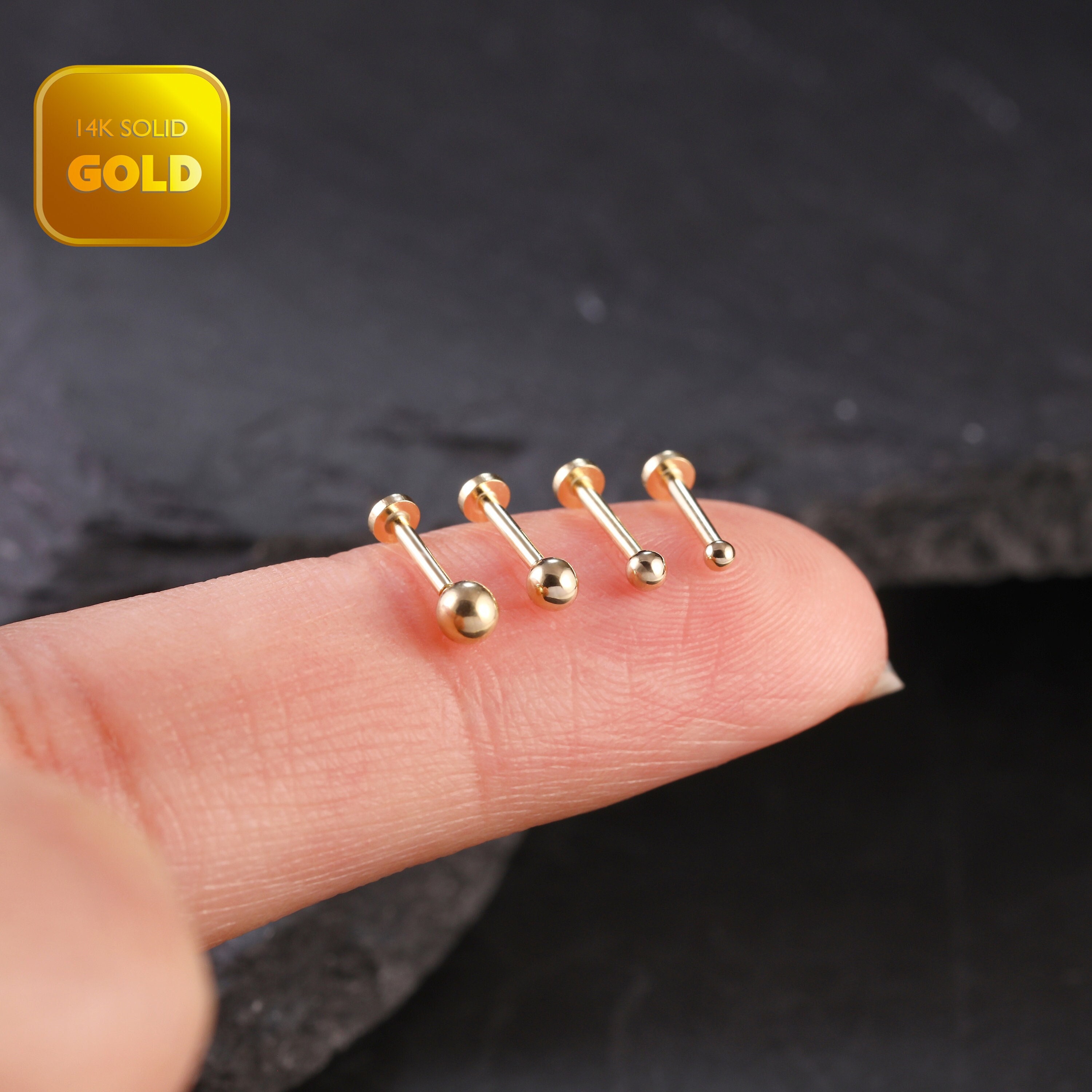 14k Solid Gold Threadless Labret Stud, Small Ball Studs, Nose Stud