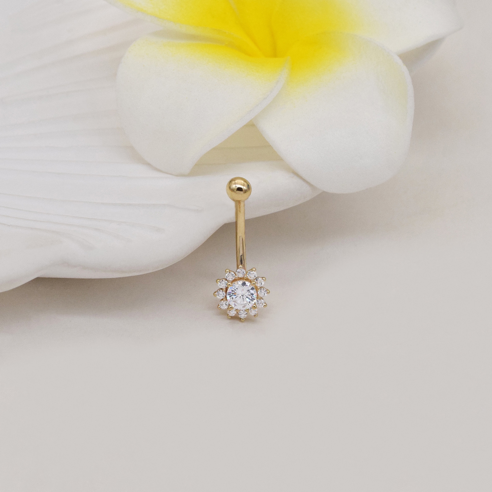 14k Solid Gold Flower Rook Piercing Curved Barbell Sunflower Navel Ring ...