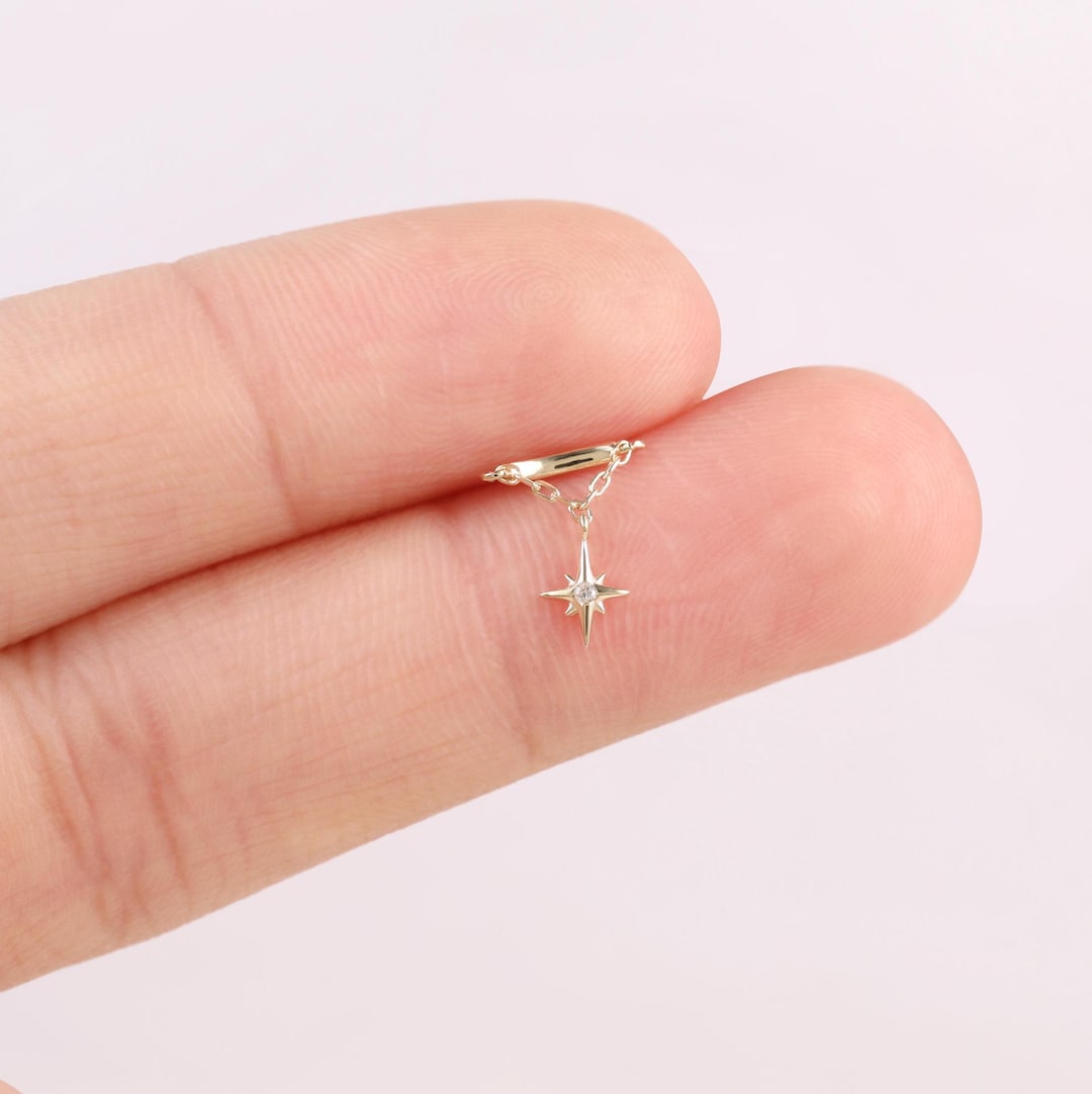 14k Solid Gold Starburst Dangle Cartilage Earring Hidden Helix Stud Tragus Piercing Conch Earring Flat Back Threadless Piercing Jewelry - Etsy Japan
