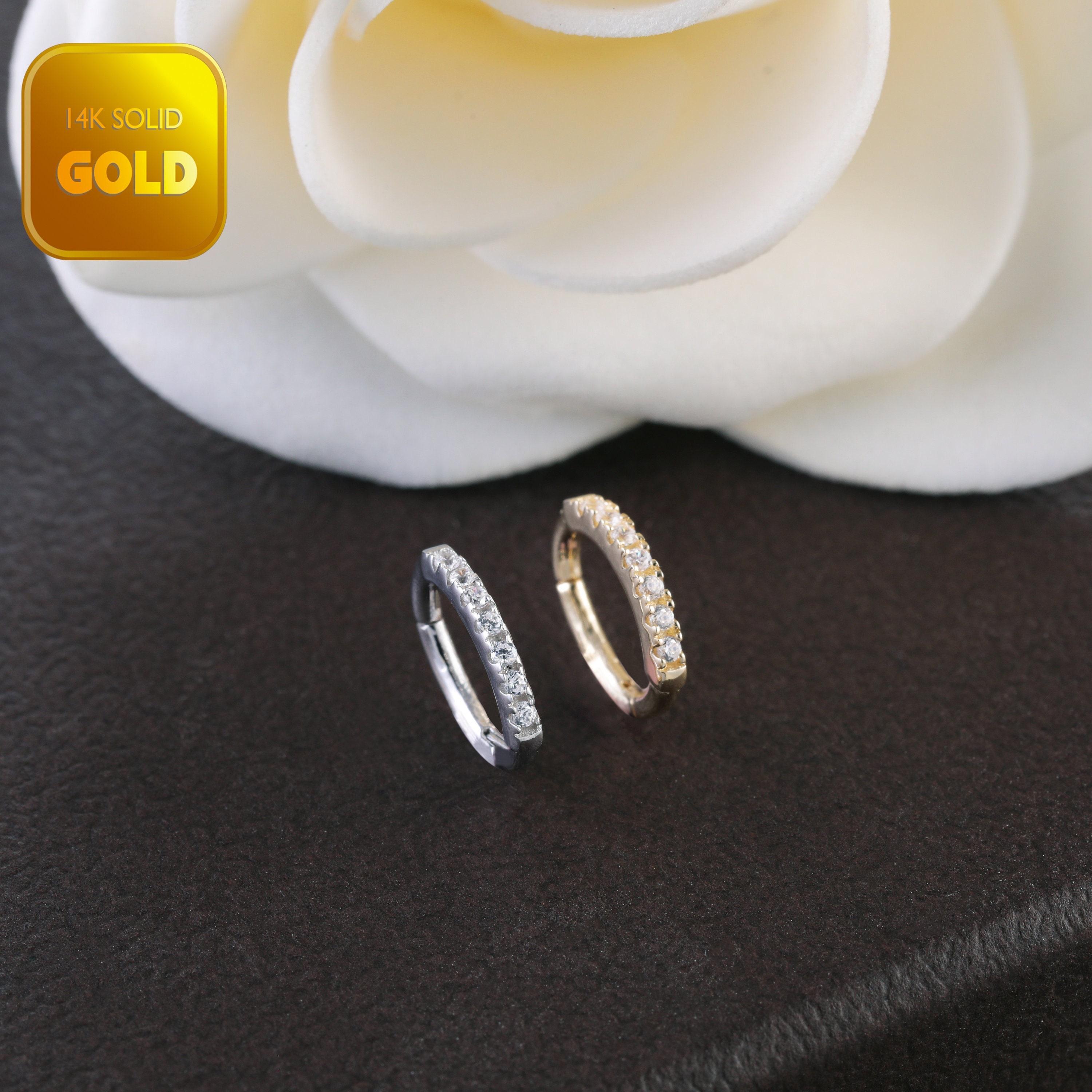 14K Solid White Gold Hinged Cartilage Hoop Earrings, Helix Piercing…