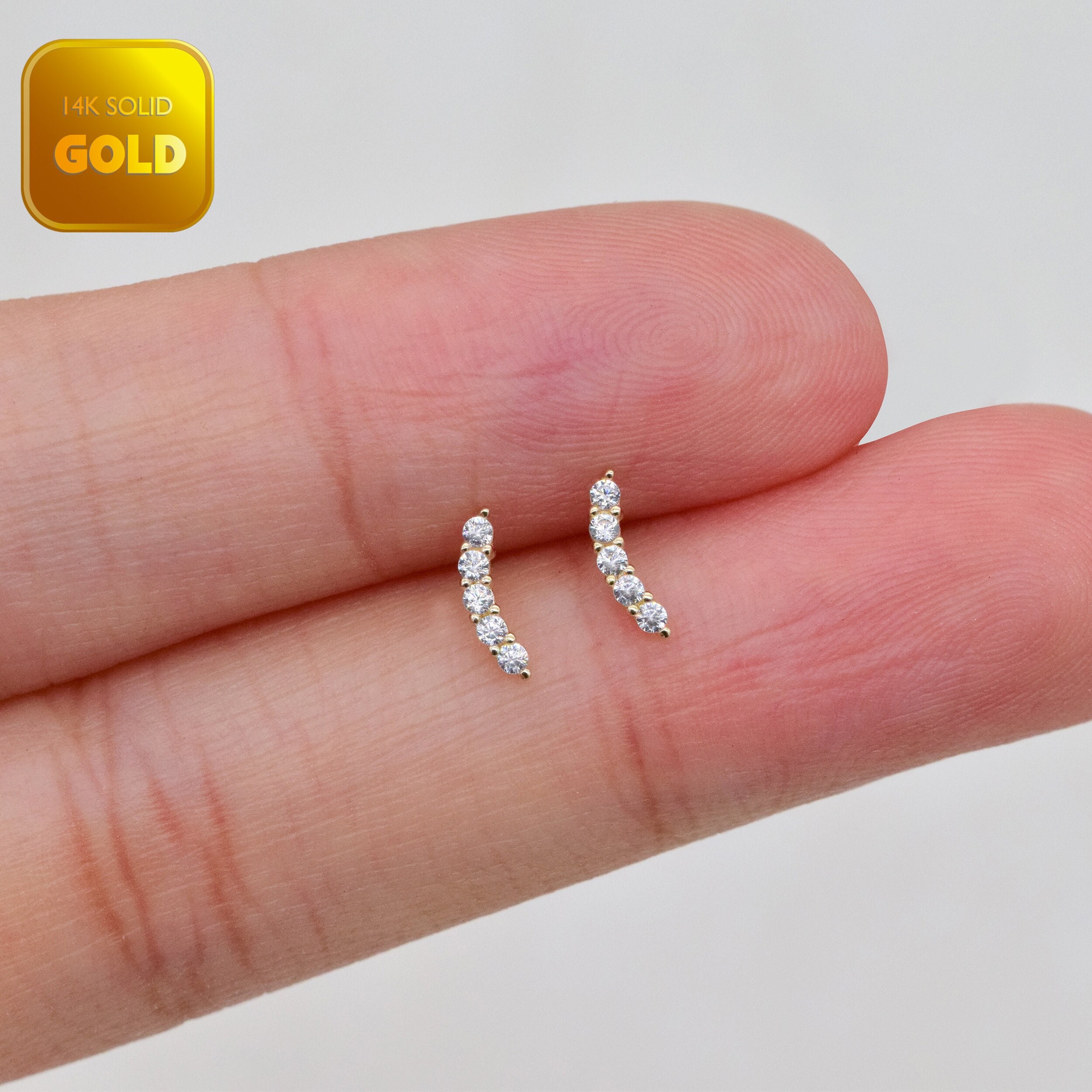 14k Solid Gold Tiny Climber Stud Earring Threadless earring Conch piercing Helix Stud Tragus Stud Minimalist CZ Bar Flat Back Earring