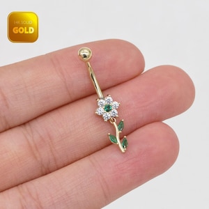 14k Solid Gold Flower Belly Ring Gold Navel Ring Dangly Flower Ring Sparkly Body Jewelry Flower Belly Piercing Dangly Navel Piercing 14g