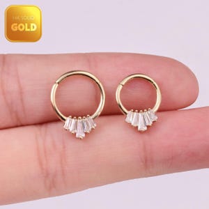 14k Solid Gold Baguette Daith Piercing Baguette Septum Nose Piercing Gold Baguette Cartilage Hoop Clicker Rook Helix Hoop Piercing 16g