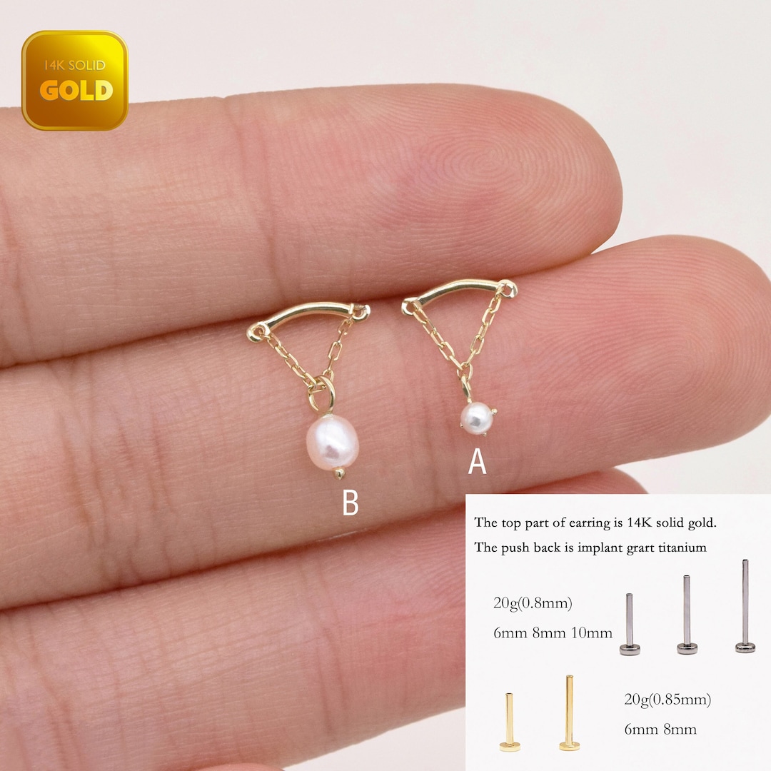 14k Solid Gold Pearl Drape Chain Stud Earring Helix Chain Stud Conch