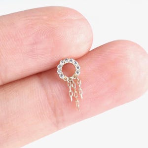 14k Solid Gold Circle Chain Dangle Stud Cartilage Earring Helix Stud Tragus Piercing Conch Earring Flat Back Threadless Piercing Jewelry