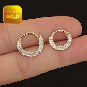 14K massief gouden dubbele rij Daith-oorbel witte CZ septum ring diamant septum hoepel kraakbeen hoepel conch tragus helix Daith body piercing 18g