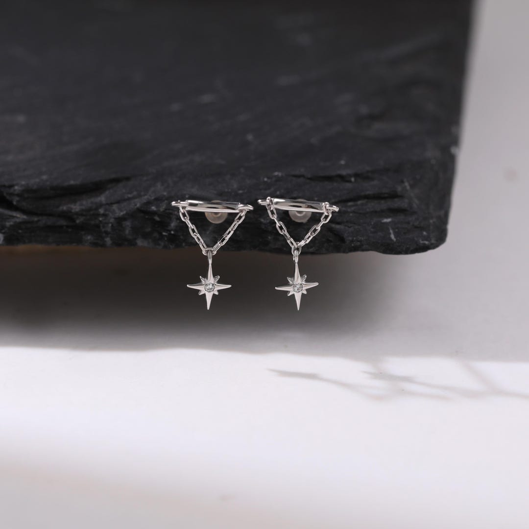 14k Solid White Gold Starburst Dangle Cartilage Earring Hidden Helix Stud Tragus Piercing Conch Earring Flat Back Threadless Stud Jewelry - Etsy Japan