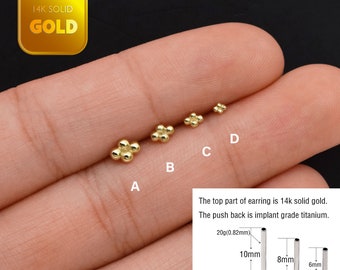 14k Solid Gold Ball Stud Earrings Minimalist Gold Four Dots Stud Earrings Conch Helix Tragus Earring Push Pin Labret Flat Back Earring 20g