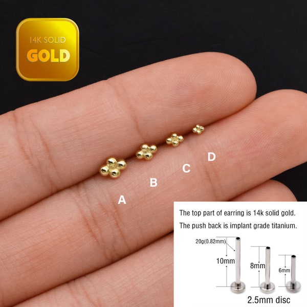 Pendientes de perno de bola de oro sólido de 14k Oro minimalista Pendientes de perno de cuatro puntos Concha Helix Tragus Pendiente Push Pin Labret Pendiente de espalda plana 20g