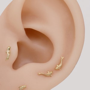 14k Solid Gold Koi Fish Cartilage Earring Tiny Tragus Stud Helix Conch piercing cute stud earring minimalist earrings flat back earring 20g zdjęcie 3