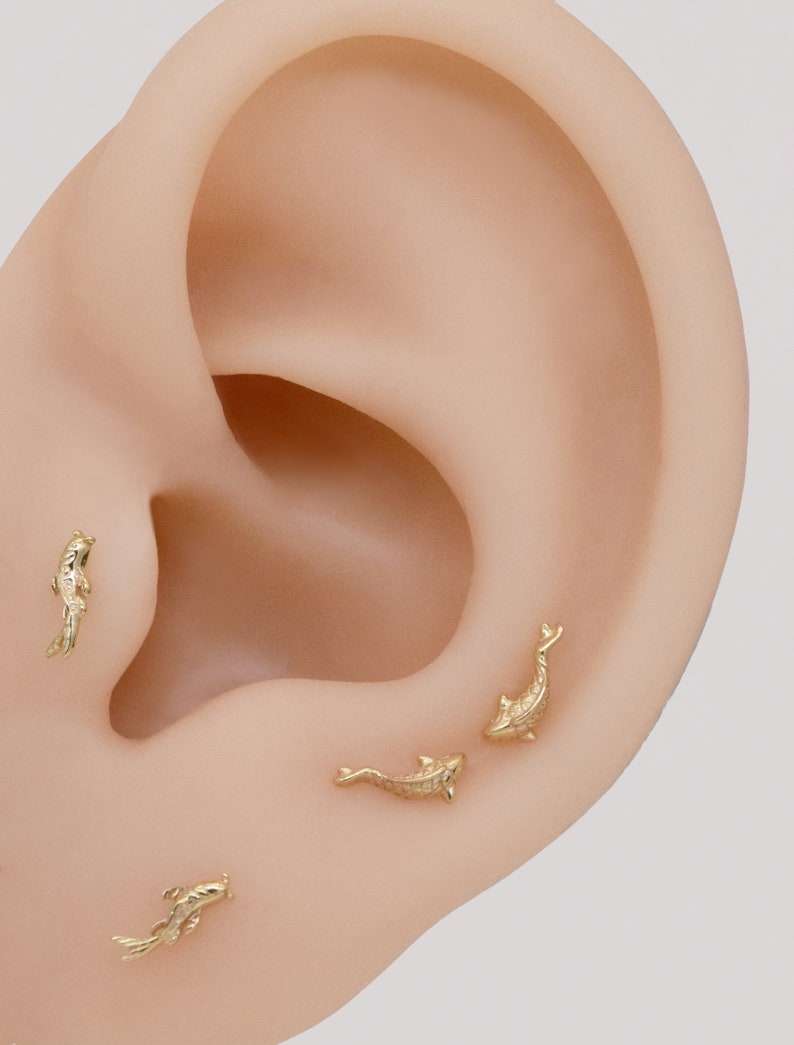 14k Solid Gold Koi Fish Cartilage Earring Tiny Tragus Stud Helix Conch piercing cute stud earring minimalist earrings flat back earring 20g zdjęcie 3