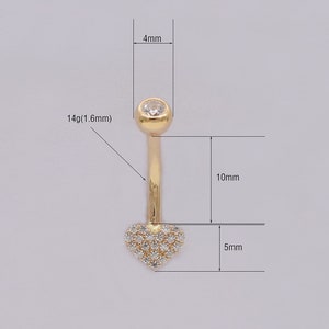 14k Solid Gold Heart Shape Belly Button Ring Heart Navel Piercing Cz Stone Threaded Navel Gold Belly Ring Barbell Piercing Jewelry 14g image 9