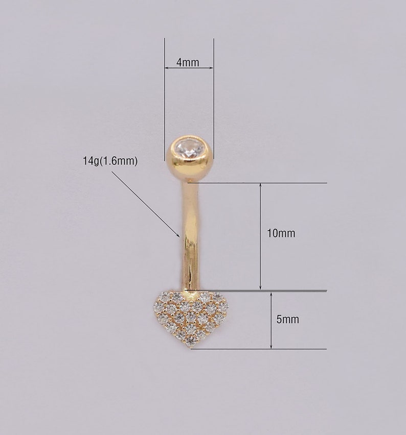 14k Solid Gold Heart Shape Belly Button Ring Heart Navel Piercing Cz Stone Threaded Navel Gold Belly Ring Barbell Piercing Jewelry 14g image 9