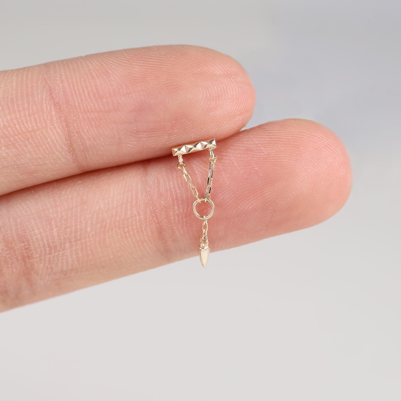 14K Solid Gold Pattern Dangle Stud Earring, Dainty Drop Bullet Helix Threadless Push Back, Dangle Chain Cartilage Earlobe Piercing Jewewlry image 1