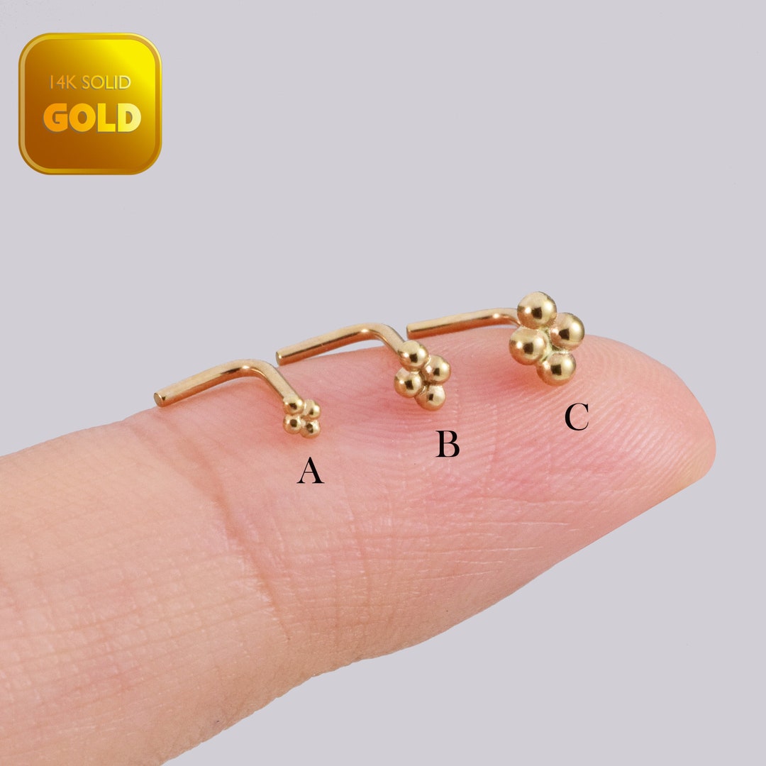 14k Solid Gold Beaded Nose Stud Ball Cluster Nose Stud L Shape Nose